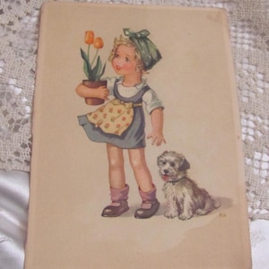 Made in Switzerland Edition Stehli Antike Postkarte // Kinder Mädchen Hund Pflanze Tulpen Blumen Illustriert // Unbenutzt 4" x 6"