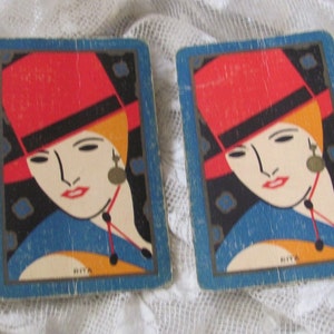 2 naipes intercambiables individuales - Art Deco Rita // Tarjeta vintage, tarjetas individuales, colección, álbum de recortes, efímeras, lino