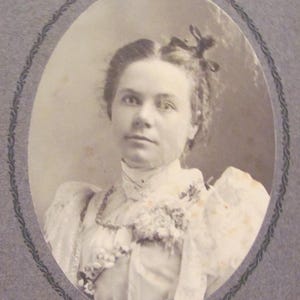 Original Photograph Antique Circa Late 1800's // Photo of a Lady Woman White Floral Dress //  Cabinet Card 19th Century Oval Bedford
