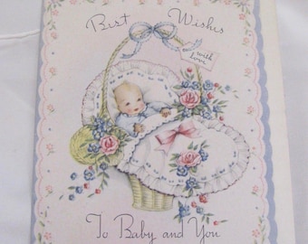 Wenskaart - vintage welkomstkaart nieuwe baby - ongebruikte jaren 40 - beste wensen voor baby en jou // Veel meer kaarten in mijn winkel!