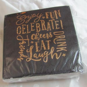 Gold Black Eat Celebrate Party Paper Napkins for Decoupage Collage Paper Arts // 2 Ply - 10&quot; 13cm Square // Price is for ONE package of 40