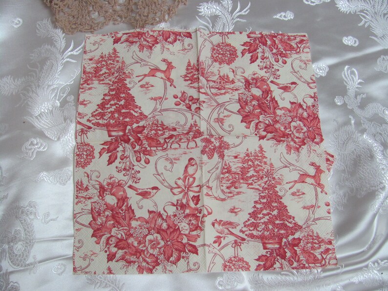 3 Red Holiday Toile Christmas Paper Napkins for Decoupage Etsy
