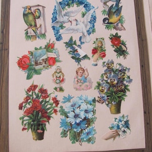 Lot de cartes de visite anciennes découpées à l'emporte-pièce, vers E1900, L1800, victorien allemand en relief, bouquet de fleurs, oiseaux, page d'album