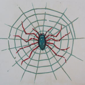 May include: A red spider with a blue body sits in the center of a green web.
