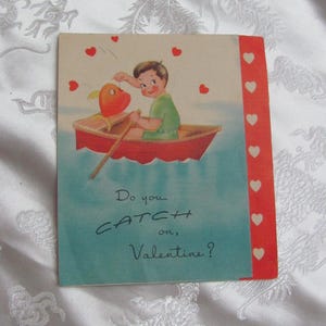 1930&#39;s Valentines Day Card Unused - Vintage Antique Die Cut Made in USA Original  // Many more to choose from in my shop! Boat Catch
