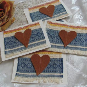 Lot de 6 cartes de correspondance faites main avec enveloppes - coeurs vintage en cuir et textile 3,5 x 5 po. vierges à l'intérieur - cadeau d'anniversaire toutes occasions OOAK