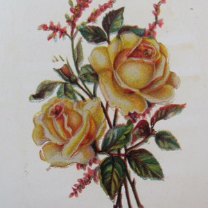 Puede incluir: Ilustración vintage de un ramo de rosas amarillas con detalles rojos y hojas verdes. Las rosas están en plena floración, con pétalos detallados y un aspecto suave y texturizado. El fondo es blanco descolorido.