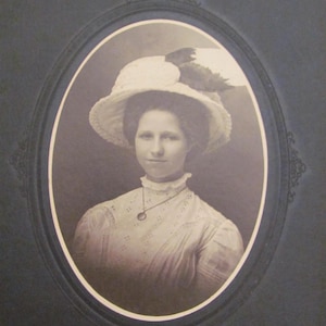 Original Photograph Antique Circa Late 1800's // Photo of a Lady Woman White High Neck Dress Hat //  Cabinet Card 19th Century Oval