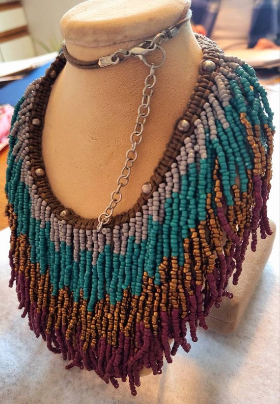 Vintage Boho Fringed Beaded Collar Necklace - turq