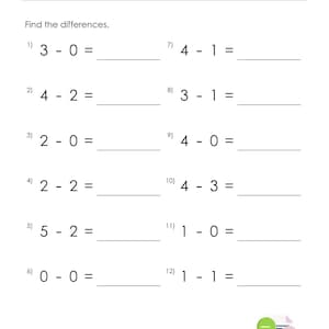 May include: A white educational worksheet titled Subtract within 5 with the instruction Find the differences. It features twelve black text subtraction problems ranging from 3-0 to 1-1, each with a blank line for the answer.