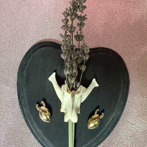 May include: A black heart-shaped plaque featuring a central animal vertebra bone, a bundle of dried lavender stems, and two small gold-toned metallic beetle-shaped charms positioned symmetrically on either side of the bone.