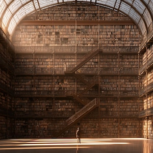 Puede incluir: Un vasto interior de biblioteca con estanterías de madera que se elevan hasta el techo llenas de libros, una escalera central de madera y un alto techo de cristal arqueado que ilumina con luz natural a una figura.