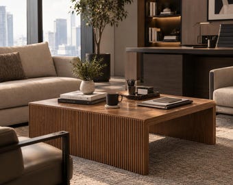 Square Fluted Coffee Table – 39.4-Inch Brown Mid-Century Modern