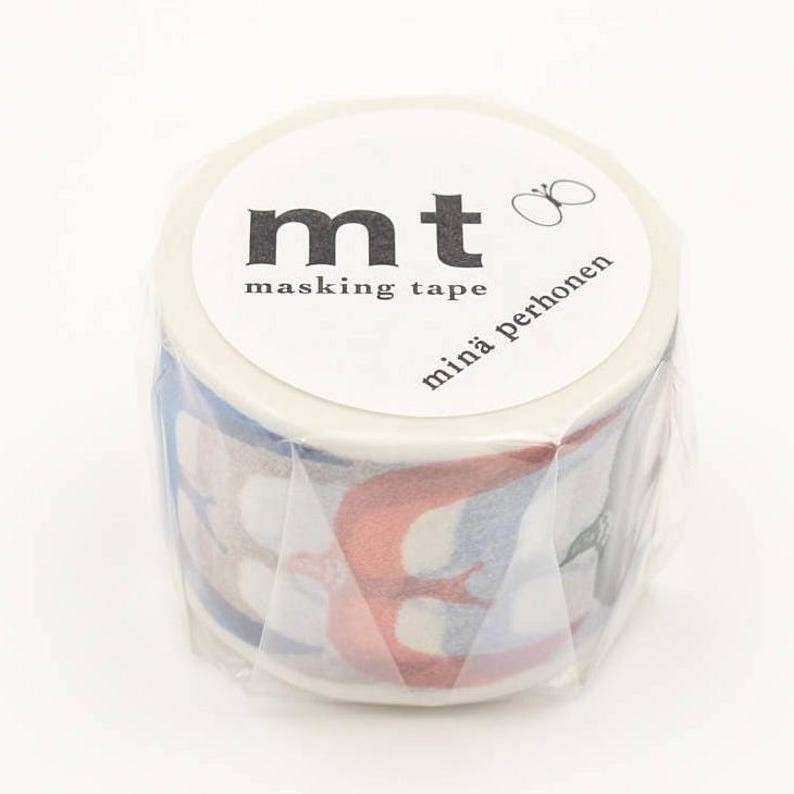 May include: A roll of washi tape with a white background and a colorful pattern of birds. The tape is labeled "mt masking tape" and "mina perhonen".