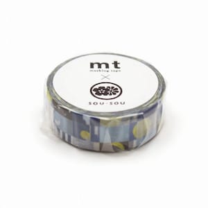 May include: A roll of blue and yellow patterned washi tape with a white label that says "mt masking tape" and a black logo with the text "SOU SOU".
