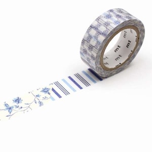 May include: A roll of decorative washi tape with a blue and white floral and striped pattern. The tape is unrolled, showing the different designs. The tape is ideal for scrapbooking, crafts, and gift wrapping.