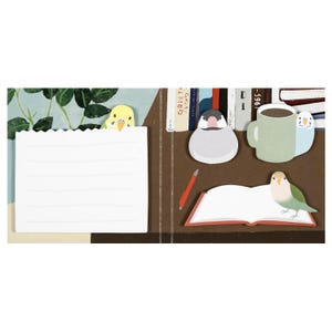 May include: A whimsical illustration featuring bird-shaped sticky notes and a lined notepad. A yellow parakeet peeks over the notepad, while other bird-shaped notes include a gray bird, a green and orange bird, and a bird on a mug. A red pen and books are also present.