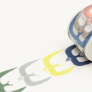 May include: A roll of washi tape with a repeating pattern of blue, yellow, green, and gray birds. The tape is unrolled and shows the pattern. The tape dispenser is white with the word "mt" repeated on it.