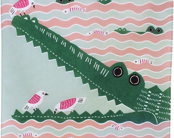 Birds Cleaning the Teeth of Crocodile Pink  Japanese Furoshiki Wrapping Cloth 50x50cm Small size (20011-106)