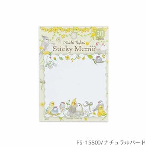 May include: A pack of 30 sticky notes featuring a whimsical design of birds and flowers. The notes are white with a scalloped edge and are decorated with a border of yellow flowers and birds. The text "Miki Takei Sticky Memo" is printed on the top of the notes.
