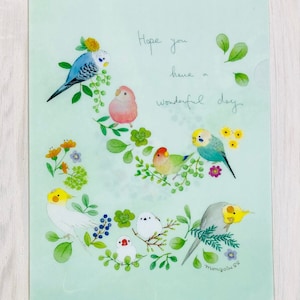 May include: A light green plastic folder featuring a colourful illustration of birds and flowers. The text "Hope you have a wonderful day" is written in black ink. The artist's signature "mongoba's" is in the bottom right corner.