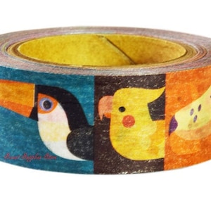 May include: A roll of colourful washi tape with a repeating pattern of toucans, cockatiels, and other birds. The tape is on a white background.