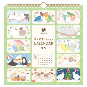 Puede incluir: Un calendario de pared para 2027 con fondo verde claro que presenta doce paneles ilustrados de varias aves. El panel central muestra el texto Saezuri, CALENDAR 2027 y una cuadrícula de diciembre de 2026. Cada panel circundante representa aves coloridas.