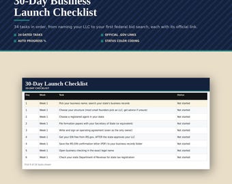 Checklist voor het opstarten van een bedrijf in 30 dagen, sjabloon voor een spreadsheet voor het starten van een LLC, stappen voor het aanvragen van een EIN via SAM.gov, klein bedrijf voor veteranen, digitale download