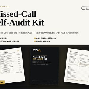 Puede incluir: Un kit de autoauditoría de llamadas perdidas con una guía de 15 páginas, una tarjeta de puntuación de 80 puntos, guiones de llamadas y seguimiento, y un plan de acción. Incluye un documento de portada negra y dos páginas blancas en PDF y XLSX.