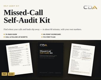 Zelfcontrolekit voor gemiste oproepen voor aannemers | Checklist voor loodgieters, dakdekkers en installateurs | Scorekaart voor telefoongesprekken van kleine bedrijven | Afdrukbare PDF + Excel