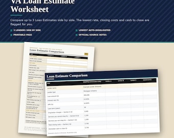 Vergelijkingsformulier voor VA-leningen, spreadsheet voor het vergelijken van hypotheekverstrekkers, Excel/Google Sheets, voor veteranen die een huis kopen, digitale download