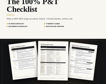 Checklist voor 100% P&T-veteranenuitkeringen, gids voor federale en Floridiaanse VA-uitkeringen, gehandicapte veteraan, printbaar PDF-bestand, digitale download