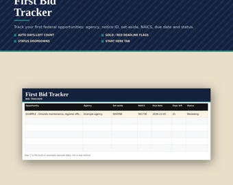 Spreadsheet voor het bijhouden van federale aanbestedingen, overzicht van overheidscontracten, Excel- of Google Sheets-sjabloon, SAM.gov, digitale download