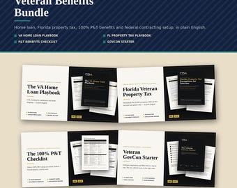 Pakket met veteranenvoordelen, gids voor VA-hypotheken, vrijstelling van onroerendgoedbelasting in Florida, checklist met pensioen- en transportvoordelen, afdrukbaar PDF-bestand, digitale download