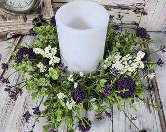 Purple Globe & White Berry Flower Pillar Candle Ring Farmhouse Home Decor