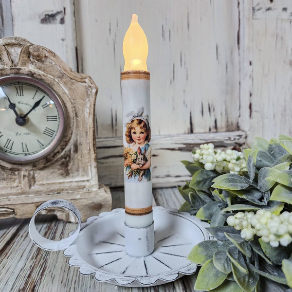 Little Girl Holding Bunny Vintage Easter Inspired Flameless Timer Taper Candle