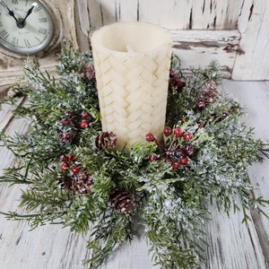 Winter Mix Greenery Pinecone & Red Berry Christmas Holiday Pillar Candle Ring