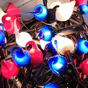 May include: Close-up of a string of decorative lights with red, white, and blue bulbs. The bulbs are various shapes, including teardrops and rounded forms. The lights are strung on a black wire.