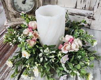 Spring Pink Cream Rosettes Floral Candle Ring Everyday Table Centerpiece, Easter Decor,