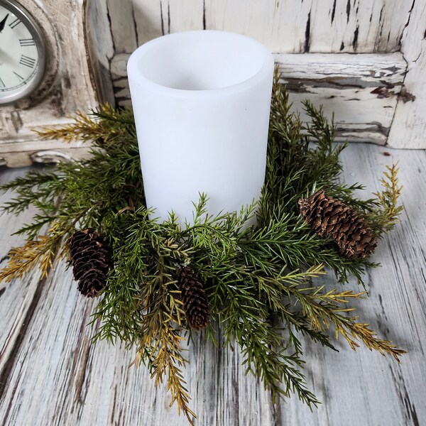 Moss Green Pinecone & Pine Greenery Winter Pillar Candle Ring