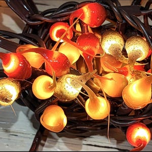 May include: A string of decorative lights featuring teardrop-shaped bulbs in shades of red, orange, and yellow. The bulbs have a textured, speckled finish and are attached to a dark brown wire, creating a warm, glowing cluster of illumination.