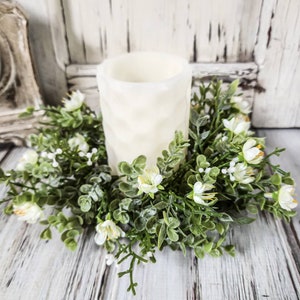 Small White Flower,  Tiny Orb & Greenery Pillar Candle Ring