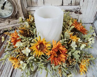 Harvest Garden Candle Ring, Autumn Wildflower Candle Wreath, Cottage Farmhouse Decor, Fall Floral Centerpiece