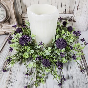 Purple Globe Flower Pillar Candle Ring Farmhouse Home Decor