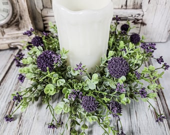 Purple Globe Flower Pillar Candle Ring Farmhouse Home Decor