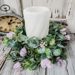 Mauve Pink Blooms Berries and Eucalyptus Summer Cottage Pillar Candle Ring