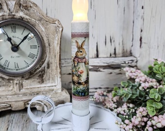 Rose Dress Bunny Easter Flameless Timer Taper Candle Woodland Cottagecore