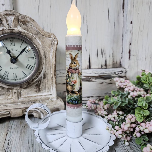 Rose Dress Bunny Easter Flameless Timer Taper Candle Woodland Cottagecore