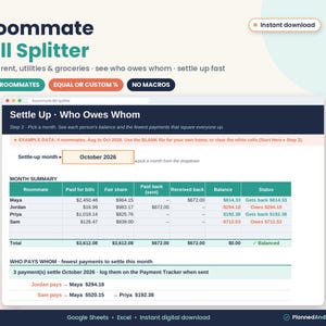 Hoja de cálculo para dividir gastos entre compañeros de piso, compatible con Google Sheets y Excel, y para registrar gastos compartidos (descarga digital).