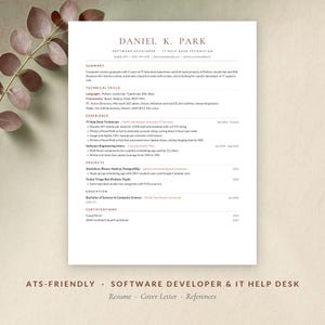May include: A professional resume template for a software developer and IT help desk technician named Daniel K. Park. The document features sections for summary, technical skills, experience, projects, education, and certifications.